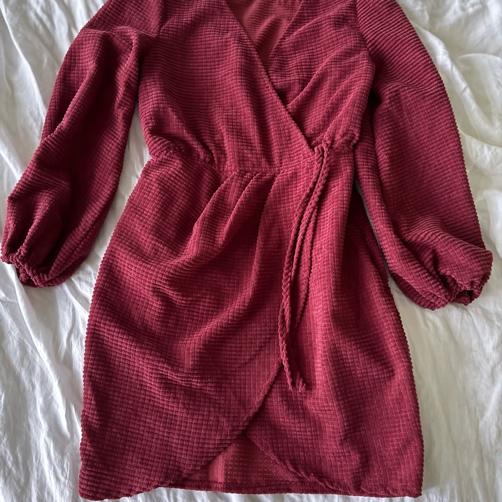 Simple Red Wrap Dress with Bishop Sleeves